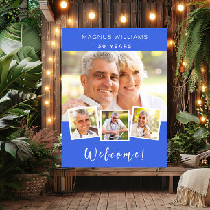 Royal blue photo collage birthday party welcome poster