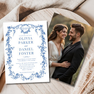 Royal Blue Photo Floral Victorian French Wedding  Invitation