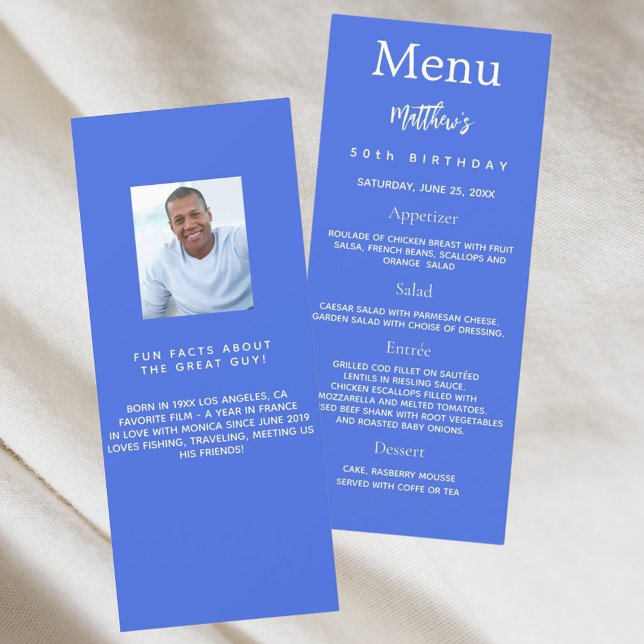 Royal blue photo fun facts birthday menu card (Creator Uploaded)