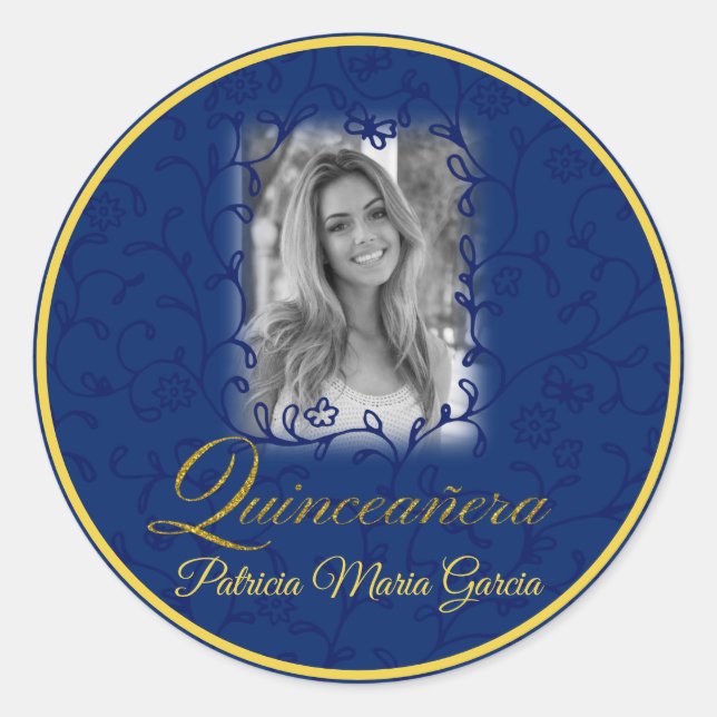 Royal blue photo quinceañera floral vines classic round sticker (Front)