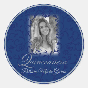 Royal blue photo quinceañera floral vines classic  round sticker