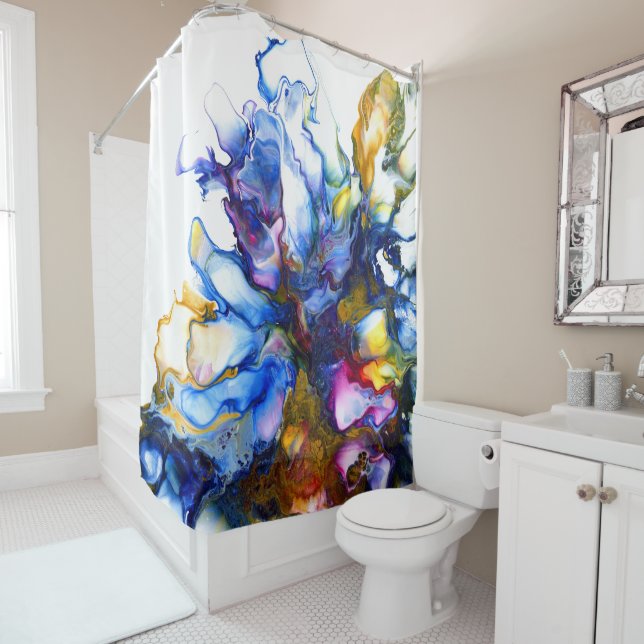 Royal Blue & Pink Abstract Fluid Art Shower Curtain (In Situ)
