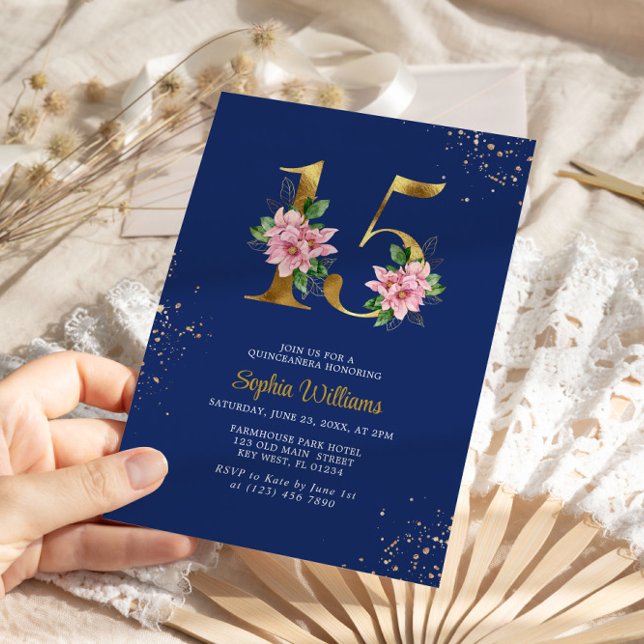 Royal Blue & Pink Magnolia Floral Quinceanera Invitation (Creator Uploaded)