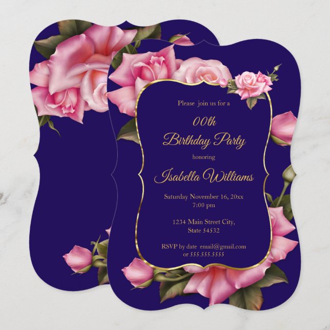 Royal Blue pink Rose floral Gold Birthday Party Invitation (Front/Back)