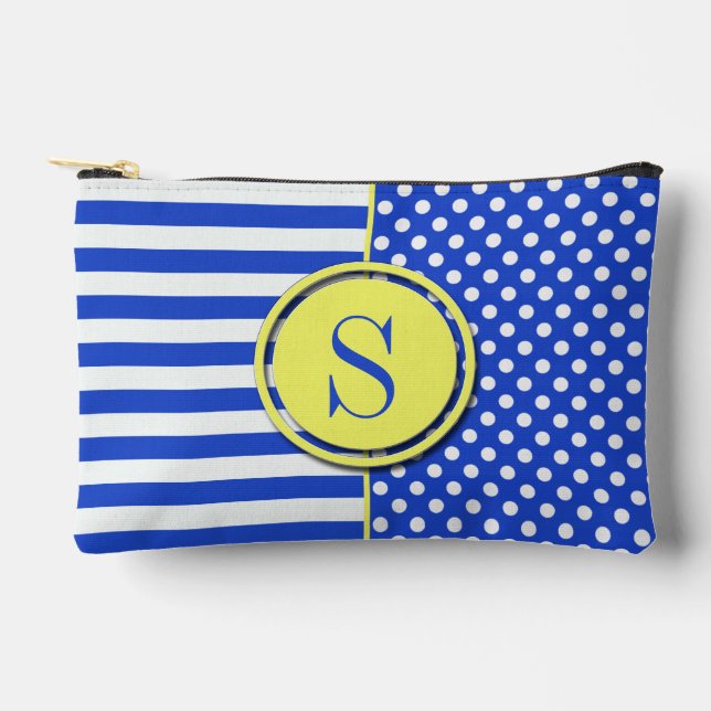 Royal Blue Polka Dots and Stripes-Monogram STaylor Accessory Pouch (Front)