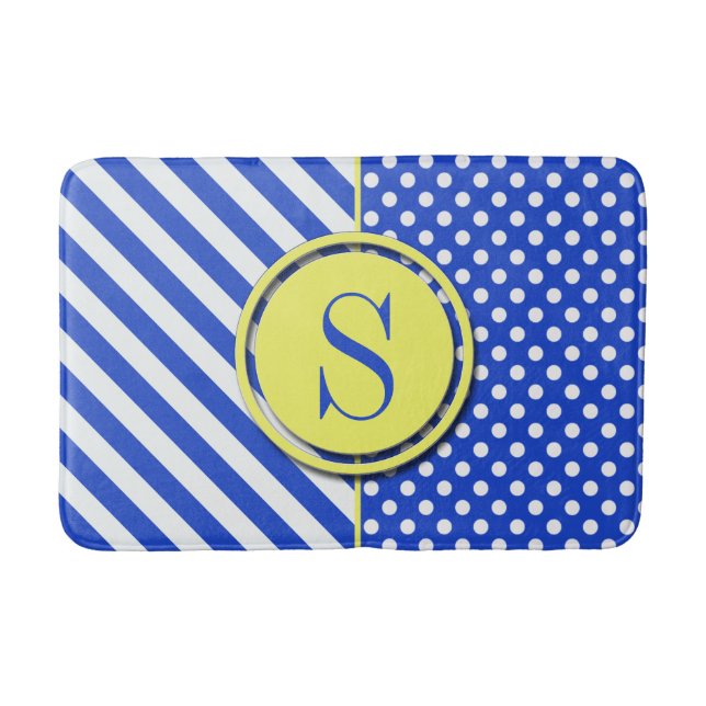 Royal Blue Polka Dots and Stripes-Monogram STaylor Bath Mat (Front)
