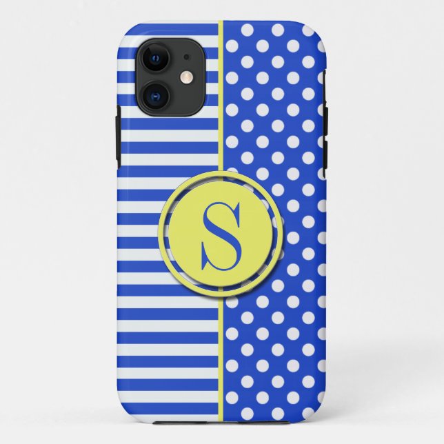 Royal Blue Polka Dots and Stripes-Monogram STaylor Case-Mate iPhone Case (Back)