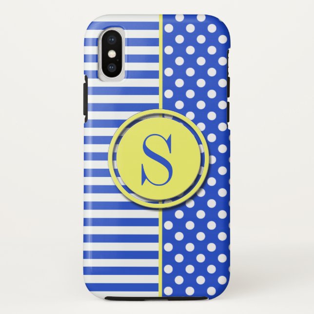 Royal Blue Polka Dots and Stripes-Monogram STaylor Case-Mate iPhone Case (Back)
