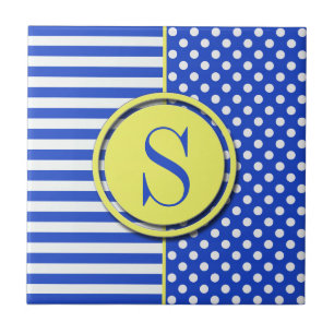 Royal Blue Polka Dots and Stripes-Monogram STaylor Tile