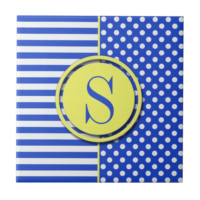 Royal Blue Polka Dots and Stripes-Monogram STaylor Tile (Front)