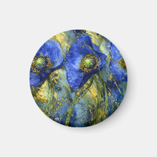 Royal Blue Poppies in Gold Swirl Magnet