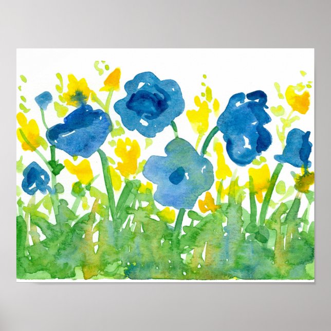 Royal Blue Poppies Yellow Wildflowers Watercolor Poster (Front)