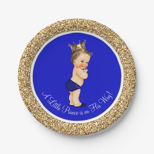 Royal Blue Prince Baby Shower Paper Plate (Front)
