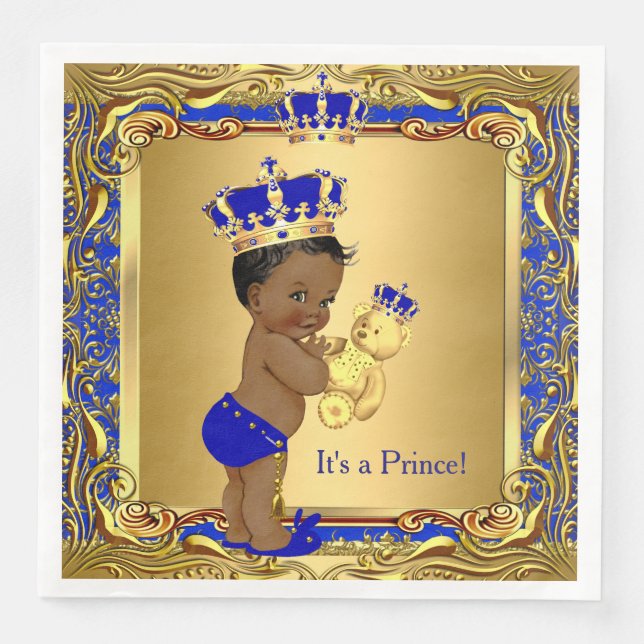 Royal Blue Prince Gold Crown Baby Shower Ethnic Napkin (Front)