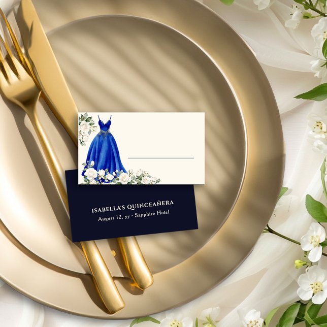 Royal Blue Princess Dress Personalised Place Card (Table place cards from the Princess Dress and Roses Quinceanera collection by Darling & May)