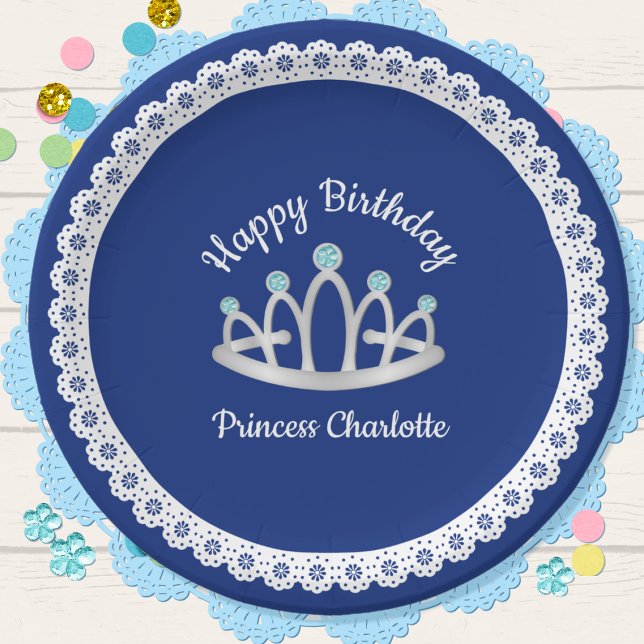 Royal Blue Princess Tiara Birthday Paper Plate (Creator Uploaded)