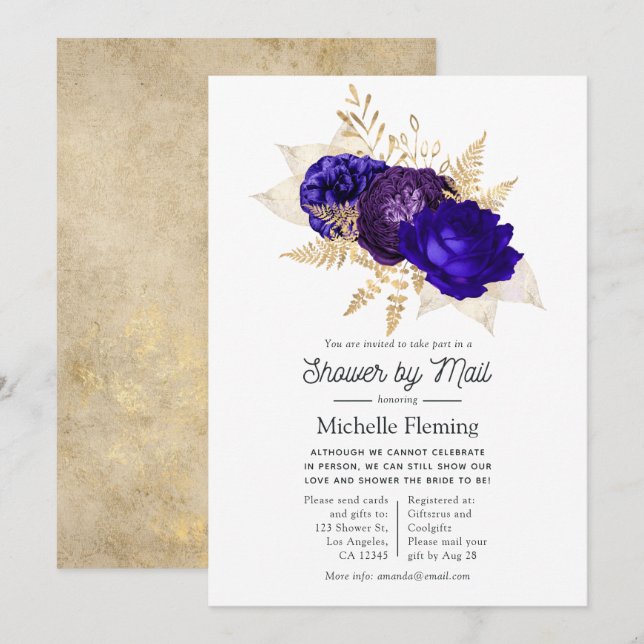Royal Blue, Purple and Gold Bridal Shower by Mail Invitation (Front/Back)