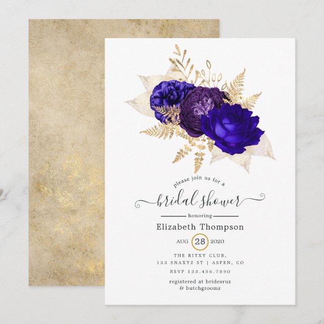 Royal Blue, Purple and Gold Floral Bridal Shower Invitation (Front/Back)