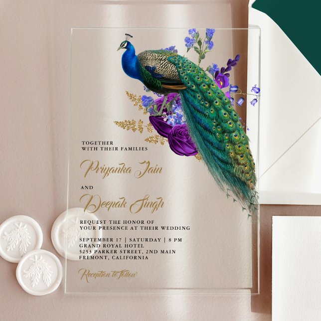Royal Blue Purple Floral Indian Peacock Wedding Acrylic Invitations (Creator Uploaded)