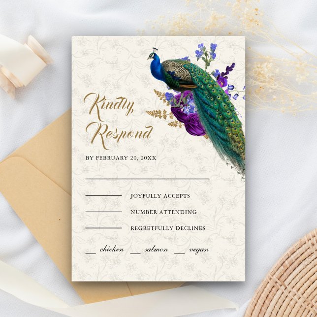 Royal Blue Purple Floral Indian Peacock Wedding RSVP Card (Creator Uploaded)
