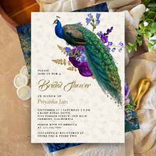 Royal Blue Purple Floral Peacock Bridal Shower Invitation