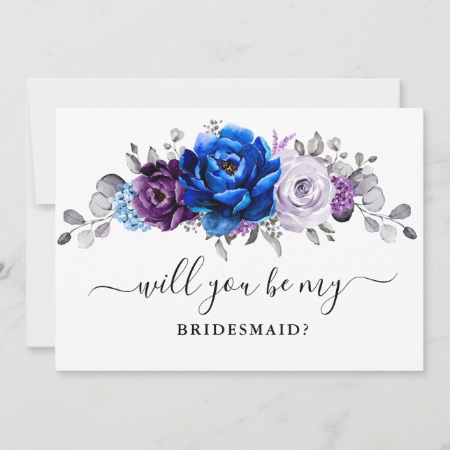 Royal Blue Purple Lilac Will you be my Bridesmaid Invitation (Front)