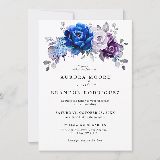 Royal Blue Purple Navy Lilac Blooms Wedding Invitation (Front)