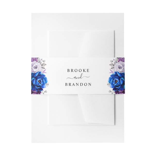 Royal Blue Purple Navy Lilac Blooms Wedding Invitation Belly Band (Front Example)