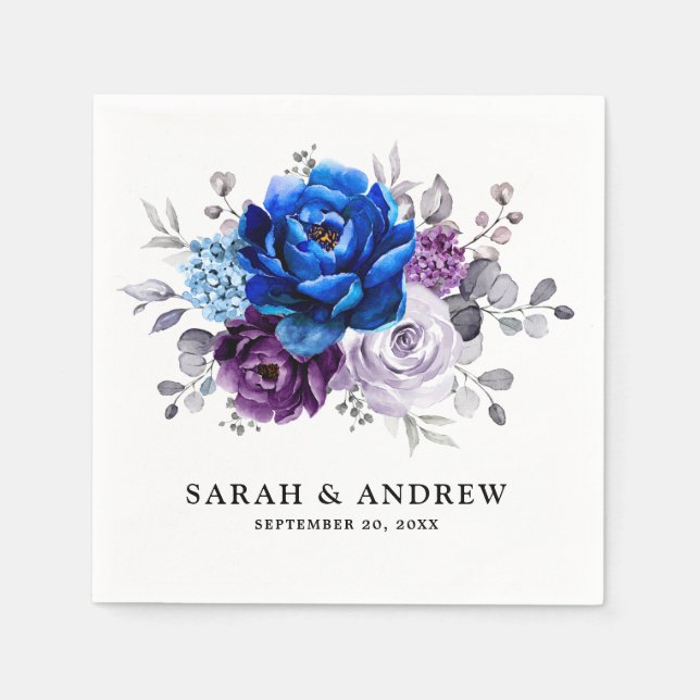 Royal Blue Purple Navy Lilac Blooms Wedding Napkin (Front)