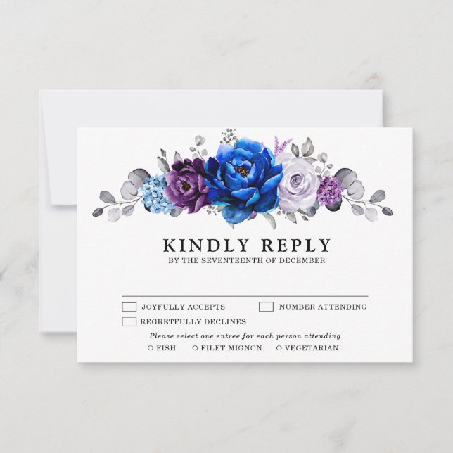 Royal Blue Purple Navy Lilac Blooms Wedding RSVP Card (Front)