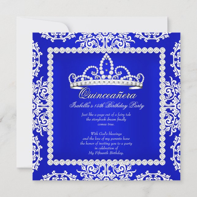 Royal Blue Quinceanera 15th Birthday Party Tiara Invitation (Front)