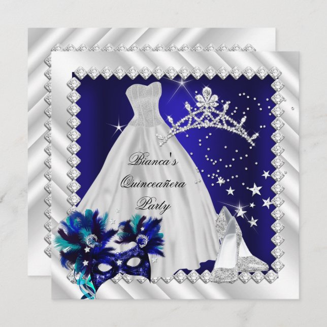 Royal Blue Quinceanera 15th Masquerade Party Invitation (Front/Back)