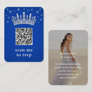 Royal Blue Quinceañera Crown & Stars QR RSVP Photo Enclosure Card