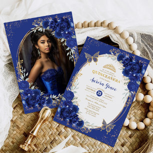 Royal Blue Quinceañera Flower Butterfly Photo Invitation