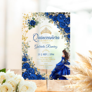 Royal Blue Quinceañera Golden Butterflies Acrylic Invitations