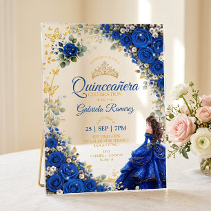 Royal Blue Quinceañera Golden Butterflies Acrylic Invitations