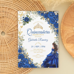 Royal Blue Quinceañera Golden Butterflies  Invitation