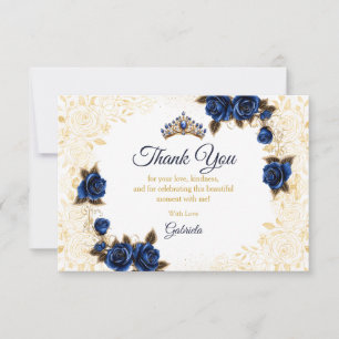 Royal Blue Quinceañera Golden Tiara Roses Floral Thank You Card