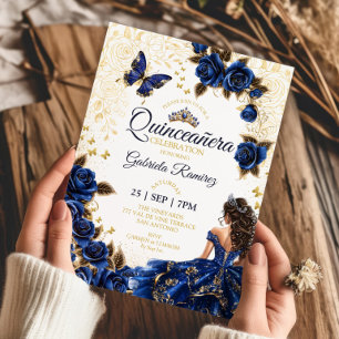 Royal Blue Quinceañera Golden Tiara Roses  Invitation