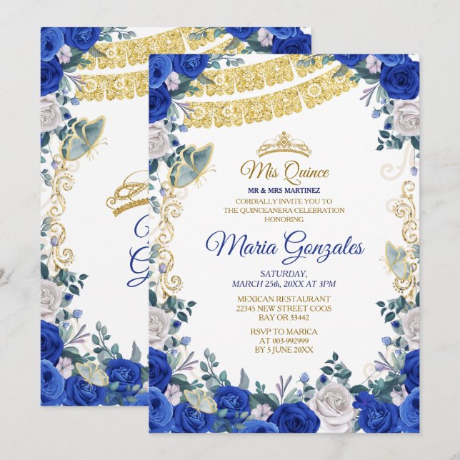 Royal Blue Quinceanera Mexican Girl 15th Birthday Invitation (Front/Back)