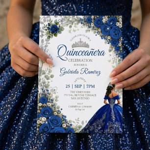 Royal Blue Quinceañera Silver Butterflies Invitation