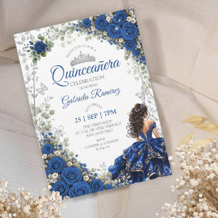 Royal Blue Quinceañera Silver Butterflies Invitation