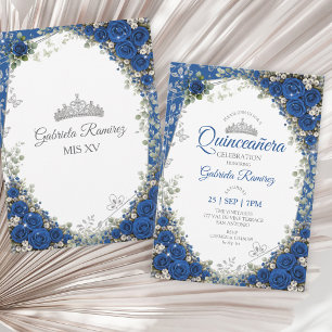Royal Blue Quinceañera Silver Butterflies Invitation