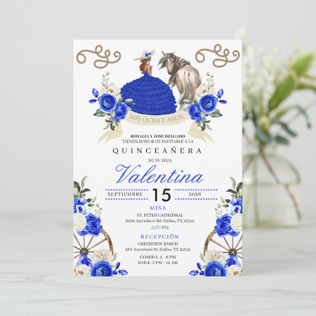 Royal Blue Ranch Horse Roses Charro Quinceañera Invitation (Standing Front)