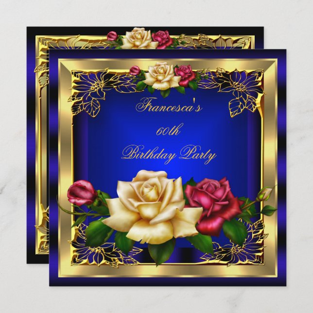 Royal Blue Red Cream Roses Gold Elegant Birthday 7 Invitation (Front/Back)