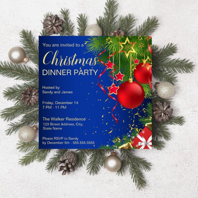 Royal blue red green baubles stars Christmas Invitation (Royal blue red green baubles stars Christmas party editable template Invitation digital download)