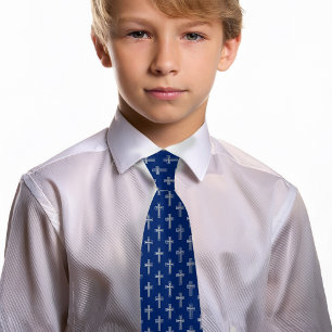 Royal Blue Religious Cross Faux Silver Communion Tie