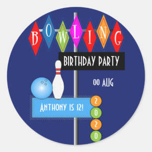Royal Blue Retro Bowling Birthday Party Classic Round Sticker
