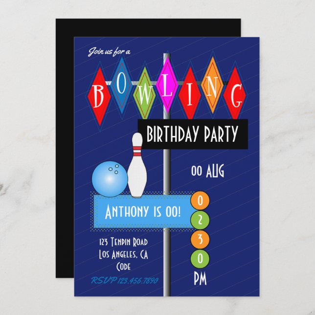 Royal Blue Retro Bowling Birthday Party Invitation (Front/Back)