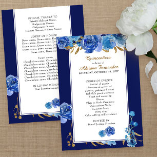 Royal Blue Rose and Elegant Gold Leaf Quinceanera Programme